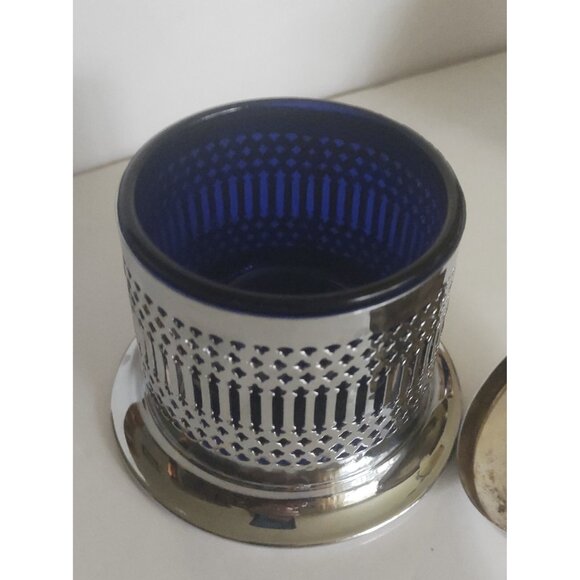 England Chrome Covered Jam/Honey - Condiment Server w Cobalt Blue Insert - Picture 9 of 12